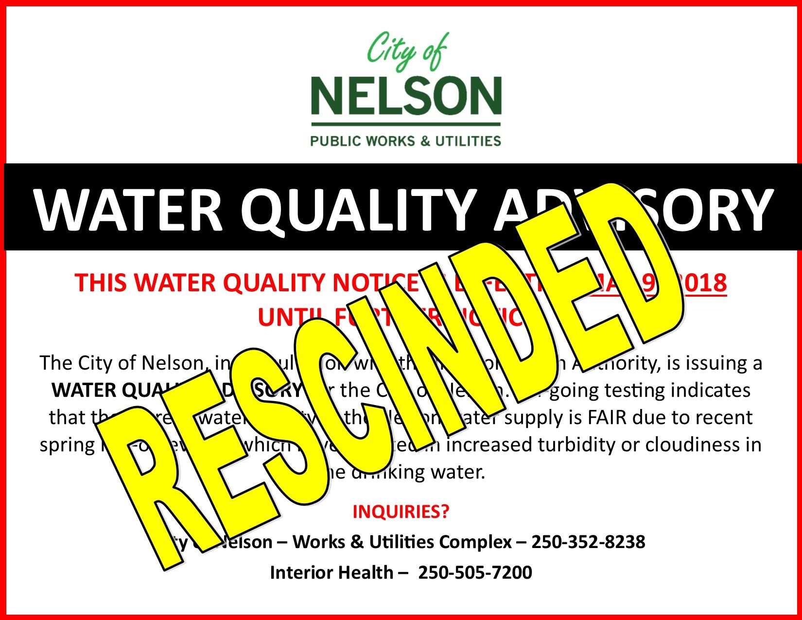Water Quality Advisory May 8 2018 RESCINDED